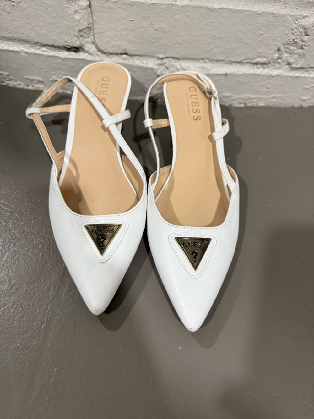 Guess White Pointed Slingback Heels with Gold Logo Triangle